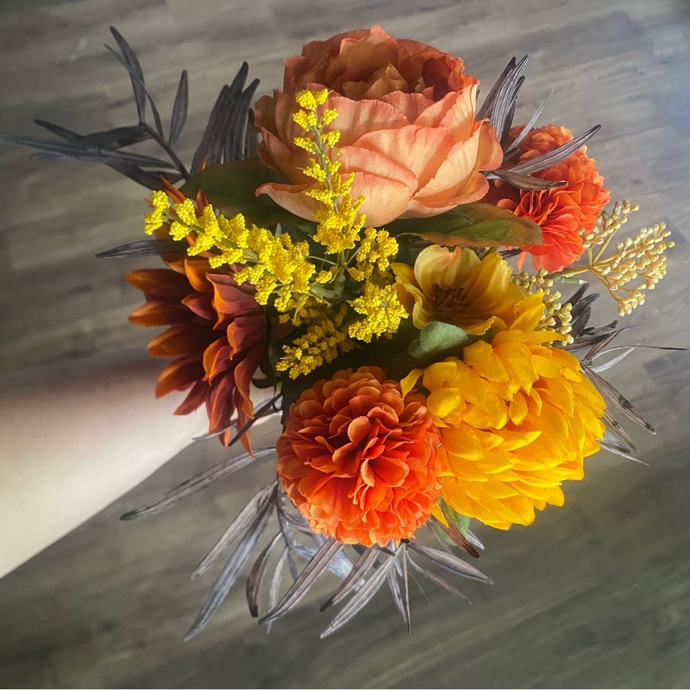 Hand-Tied Permanent Floral Bouquet Decor | Sunflower, Marigold, Mum, Garden Rose